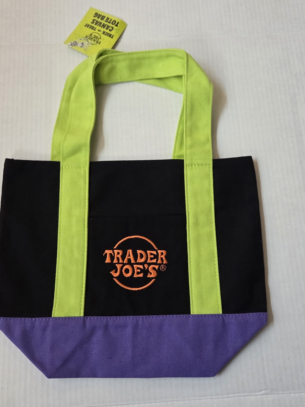 Trader Joe's Black & Neon Green Canvas Tote with Purple Base Mini